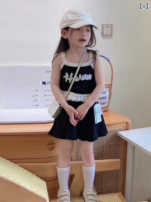 子供服 女の子 セットアップ かわいい おしゃれ 夏 手紙 刺繍 ニットキャミソール トップス ベビー ブ..