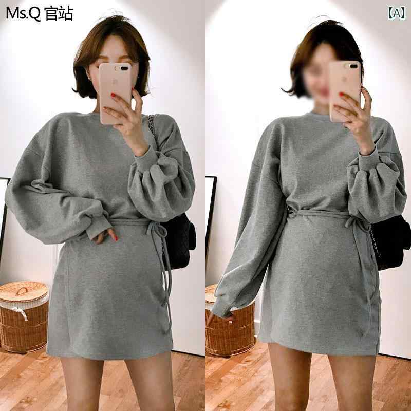 レディース ファッション カジュアル おしゃれ 韓国 秋冬 グレー 綿 セーター ドレス 丈 ドレス 長袖 ストラップ ゆったり スリム