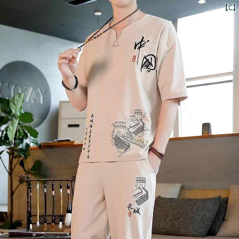 セットアップ メンズ 中国風の伝統的な装い ツーピース 春夏 半袖 Tシャツ トップス 綿麻 接触冷感 薄手 ゆったり カジュアル 普段使い 部屋着