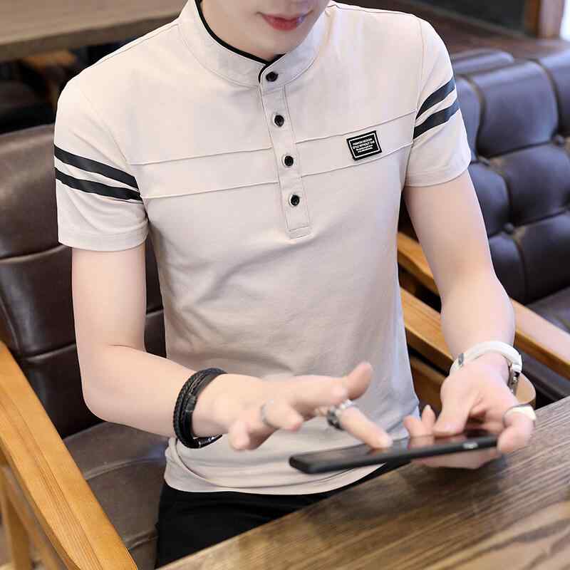 Tシャツ メンズ シンプル スタンドカラー 立ち襟 半袖 スリムフィット 細身 ストライプ ボーダー 綿 ポリウレタン 伸縮性 シワになりにくい カジュアル 普段着 デイリー 春夏