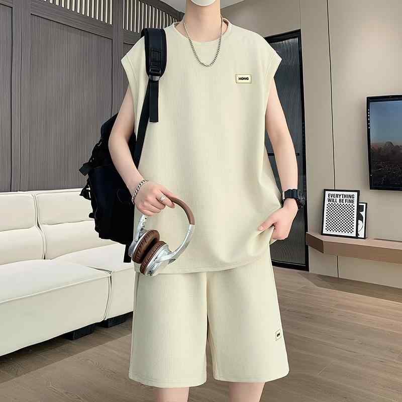 セットアップ メンズ ワッフル生地 ショートパンツ ノースリーブ Tシャツ タンクトップ ひんやり快適な着心地 スポーツ ランニング カジュアル 部屋着 春夏