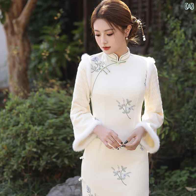 チャイナドレス レディース エレガント 上品 おしゃれ チャイナ風 刺繍 起毛 暖かい 長袖 夏