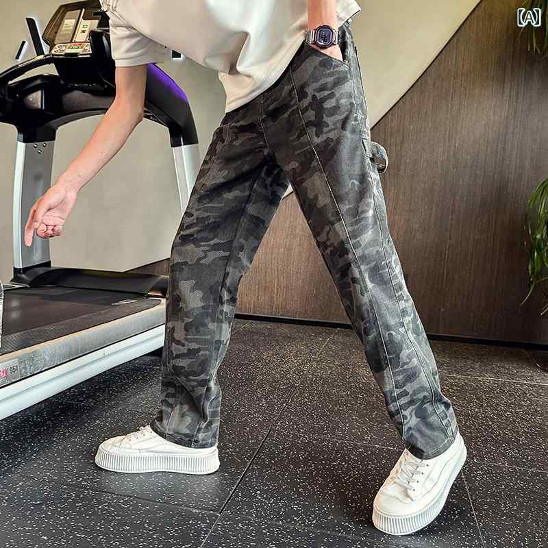 デニムパンツ メンズ 迷彩柄 ルーズストレート 薄手 通気性 伸縮性 カジュアル 春夏 ストリート 普段使い ボトムス 綿混 ポリエステル