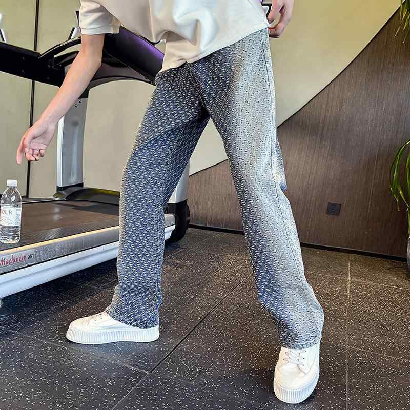デニムパンツ メンズ ジャガード織り ゆったりストレート 高級感 細見え 春秋 トレンド カジュアル ストレッチ 綿混 通気性 ロング丈 ブルー ブラック