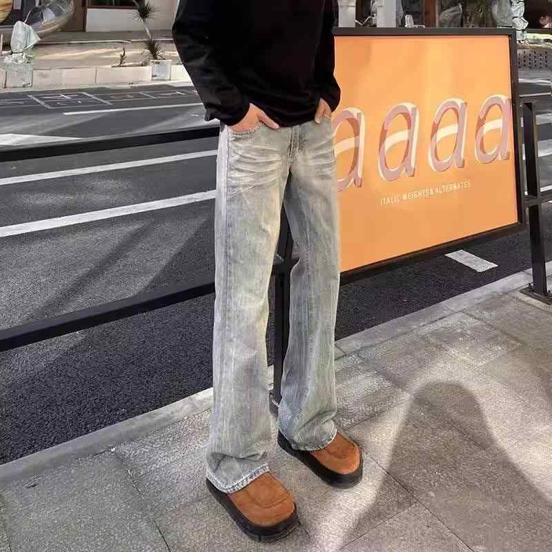 デニムパンツ メンズ アメリカンストリート レトロ ウォッシュ加工 ユーズド加工 デザイン フレア 脚長効果 細見え ゆったり 標準的なウエスト ストレッチ 春夏 ライトブルー