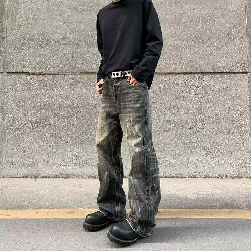 ・パンツ丈: フルレングス・ウエスト: ミドルウエスト・シルエット: ルーズストレート・裾スタイル: ストレート・伸縮性: ややあり・厚さ: 標準・加工: ウォッシュ加工・スタイル: ストリートカジュアル・テイスト: トレンド・対象: 若年層・カラー: ダークグレー・サイズ展開: S M L XL 2XL 3XL