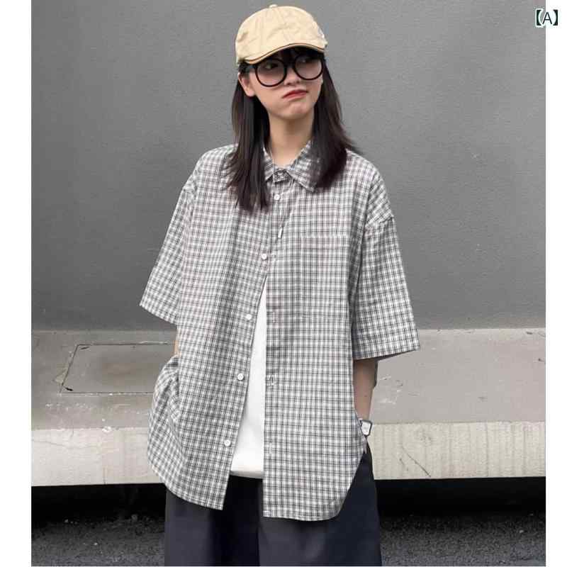 シャツ 男女兼用 アメカジ レトロ チェック柄 半袖 ゆったりとしたシルエット 短め丈 襟付き 普段使い 着回し アイロン不要 お手入れ簡単 春夏