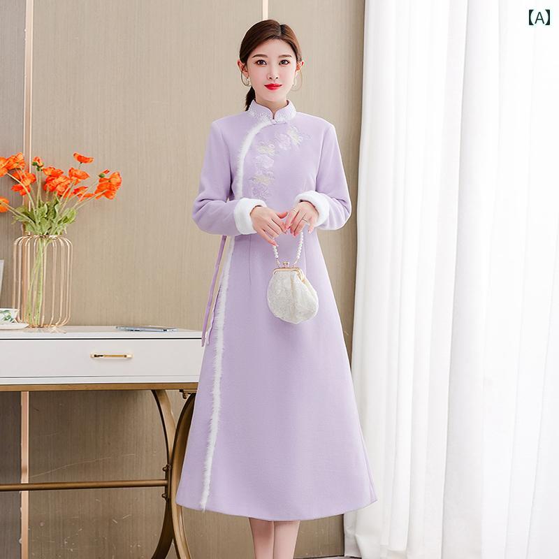 チャイナドレス レディース エレガント 上品 おしゃれ 秋冬 中国 瞑想 茶 チャイナ風 ウール