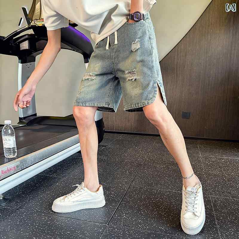ショートパンツ メンズ デニム ダメージ加工 薄手 ゆったりシルエット ストレート 膝上丈 股上やや浅め カジュアル 普段着 外出用 夏 ブルー 綿混 ストレッチ性あり 通気性