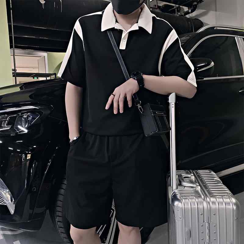 上下セット メンズ 半袖 ポロシャツ 短パン 普段使い 涼しげな 街着向き 流行の 薄手 軽量 ポリエステル 綿混紡 夏 生成り色 黒