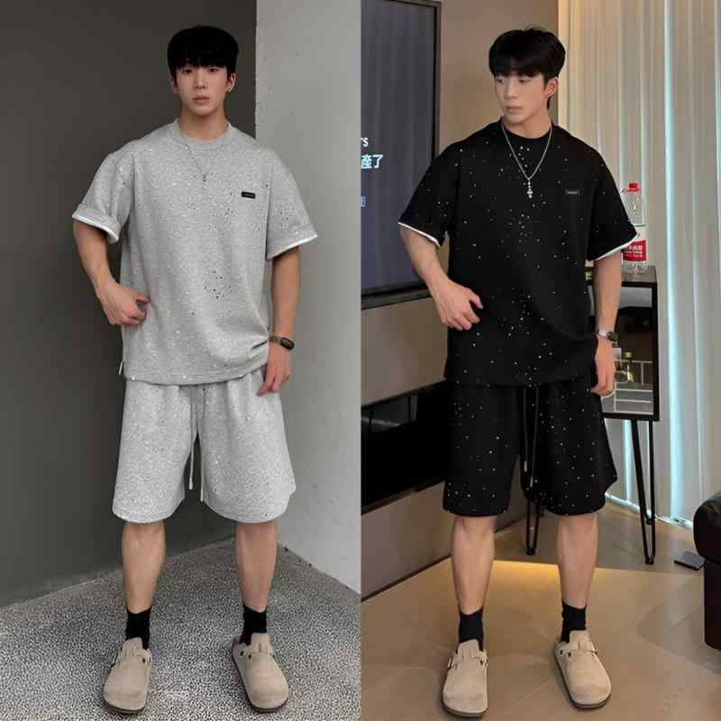 メンズ 春夏 上下2点組 破れ加工 切り替え 普段使いに 運動着 飾り気のない ゆったり 丸首 半袖 短パン 綿混 灰色 黒