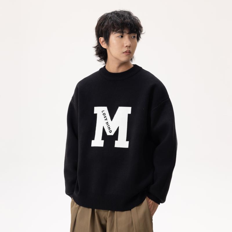 ニット セーター メンズ レトロ カジュアル カレッジスタイル クルーネック ジャガード ヘビーウェイト 厚手 万能 秋冬 普段使い デイリーユース ゆったり オーバーサイズ 綿混 ドロップショルダー オフホワイト ブラック グリーン