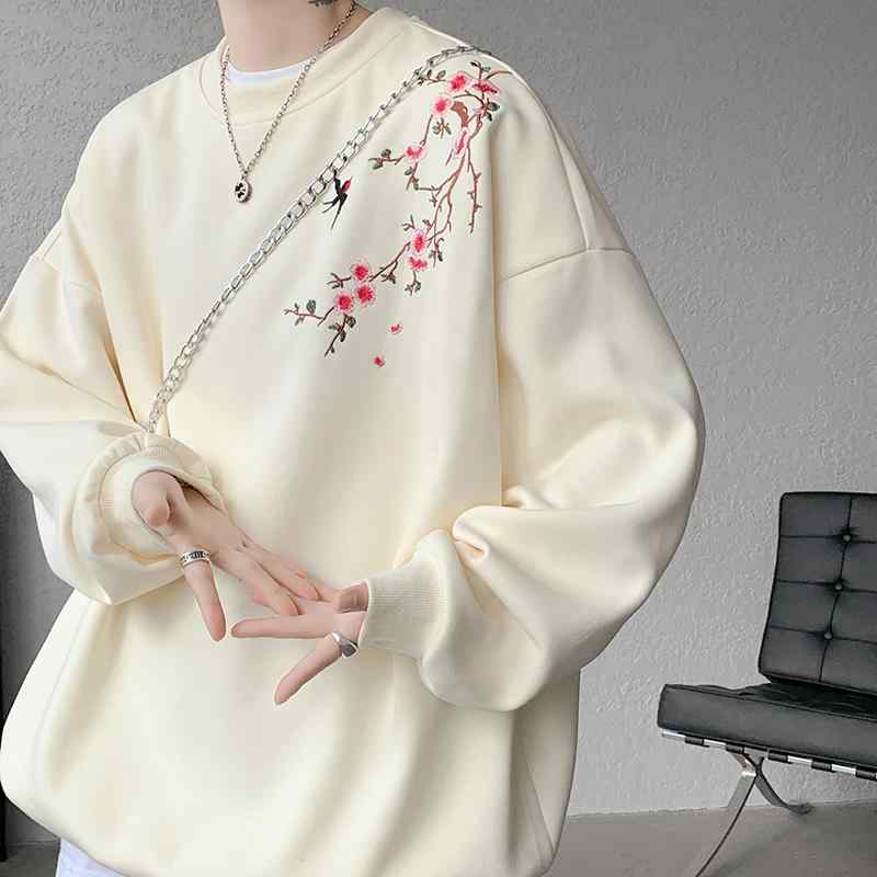 スウェット トレーナー メンズ 中国風 梅花刺繍 クルーネック ゆったりとしたオーバーサイズ カジュア..