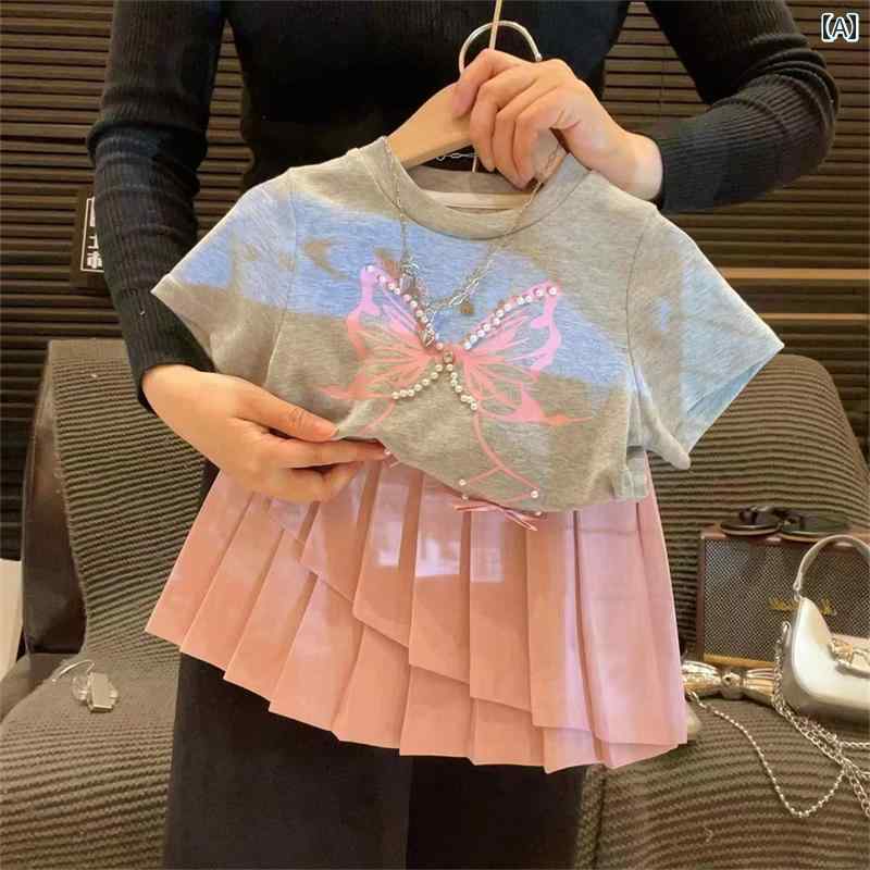 子供服 女の子 セットアップ おしゃれ カジュアル 夏 韓国 パールリボン 半袖 Tシャツ プリーツスカート 2点 セット