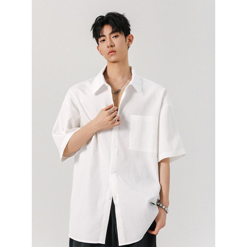 シャツ メンズ 半袖 夏 薄手 ゆったりとしたビッグシルエット カジュアル 白 無地 ポリエステル 羽織り シワになりにくい