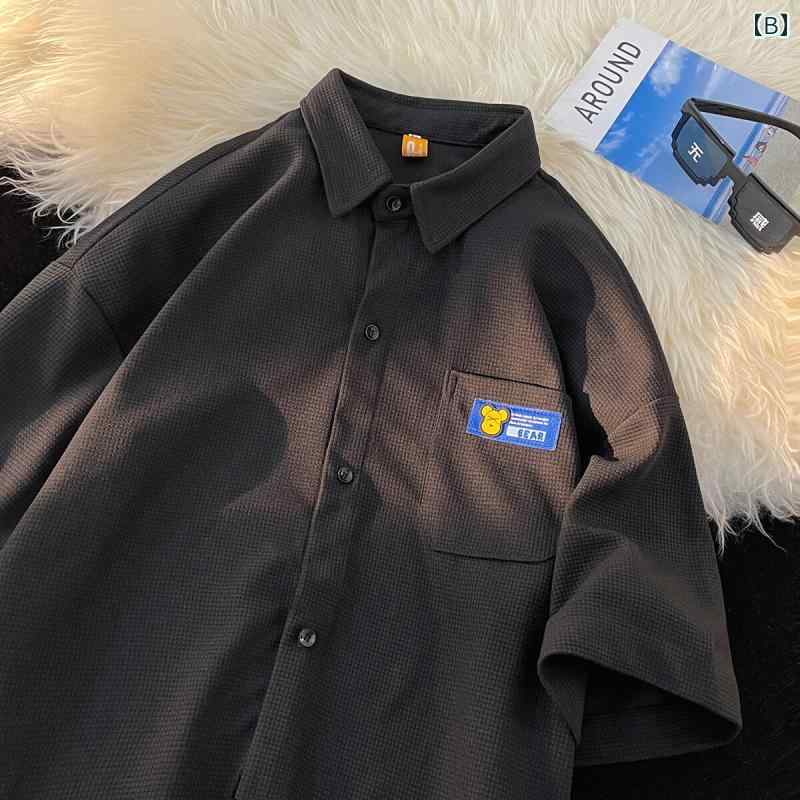 シャツ メンズ 半袖 ゆったり 昔ながら 作業着風 普段着 薄手 羽織り 春夏 無地 ポリエステル 普段使い 日常使い