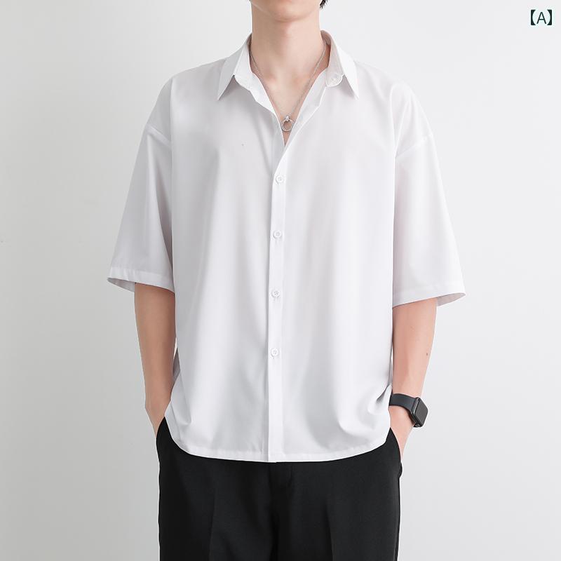 シャツ メンズ 春夏 ゆったり 薄手 軽量 接触冷感 半袖 レギュラーカラー 無地 ポリエステル ストレッチ アイロン不要 カジュアル ブラック