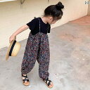子供服 女の子 セットアップ おしゃれ カジュアル 夏 レディース 半袖 Tシャツ トップス 花 サスペンダー ジャンプ