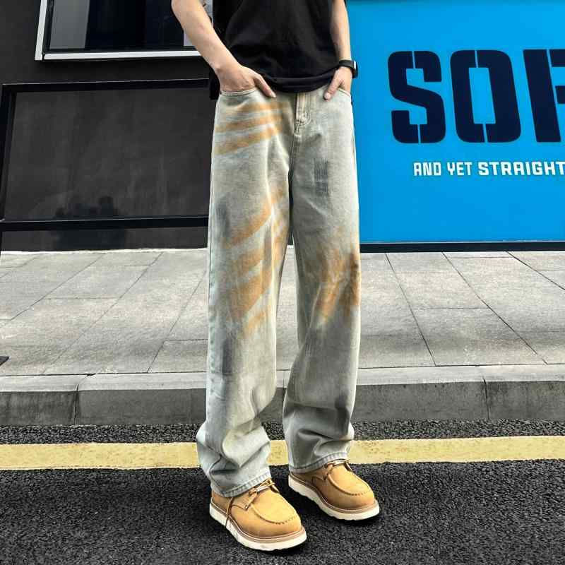 ジーンズ メンズ アメリカンカジュアル ゆったりとした ストレート タイダイ染め ダメージ加工 サビ加工 ストリート系 トレンド 春夏 着回し デザイン(4)