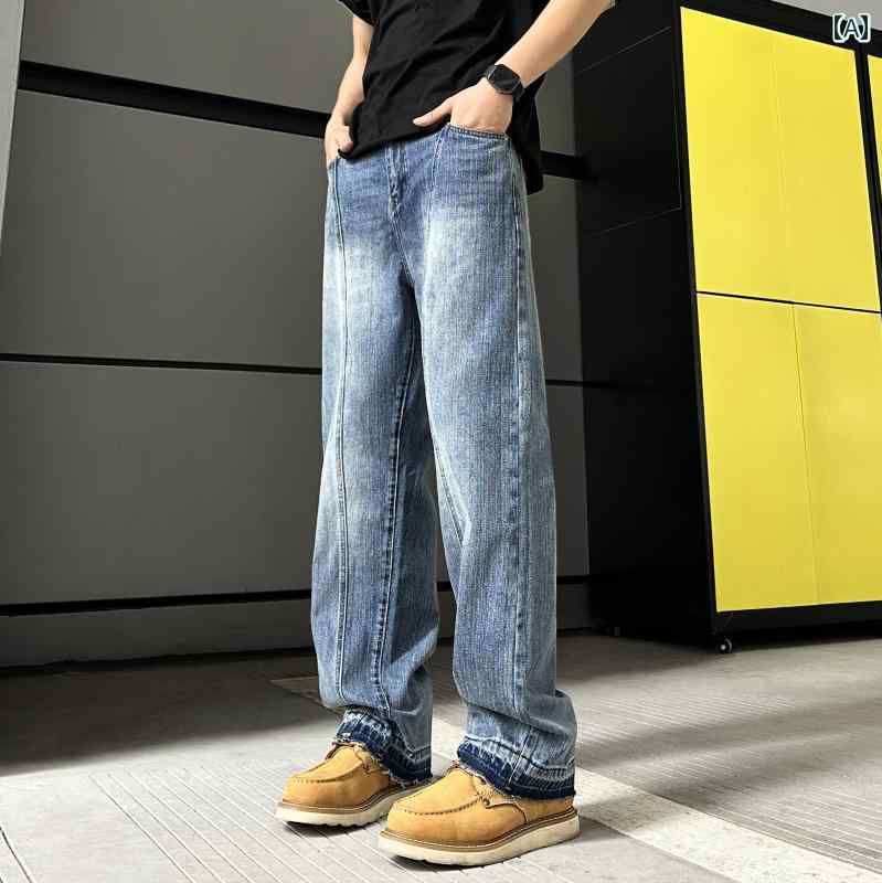 デニムパンツ メンズ カジュアルスタイル ゆったりストレート ジーンズ アメカジ フリンジデザイン 切りっぱなし スラブ織り ミドルウエスト コットン ポリエステル わずかに伸縮性のある ウォッシュ加工 春夏 ヴィンテージ風ブルー