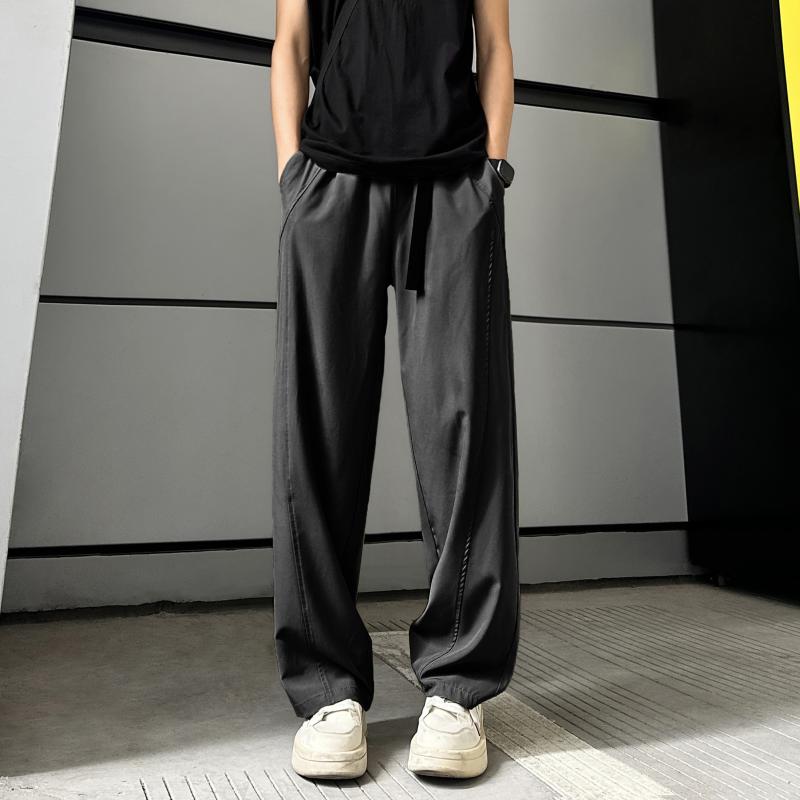 ボトムス メンズ 接触冷感 カジュアル ストレート ゆったり ドレープ感 スッキリ見え ウエストゴム 紐付き ポリエステル ポリウレタン ブラック 夏 普段使い お手入れ簡単 通気性 やや伸縮性