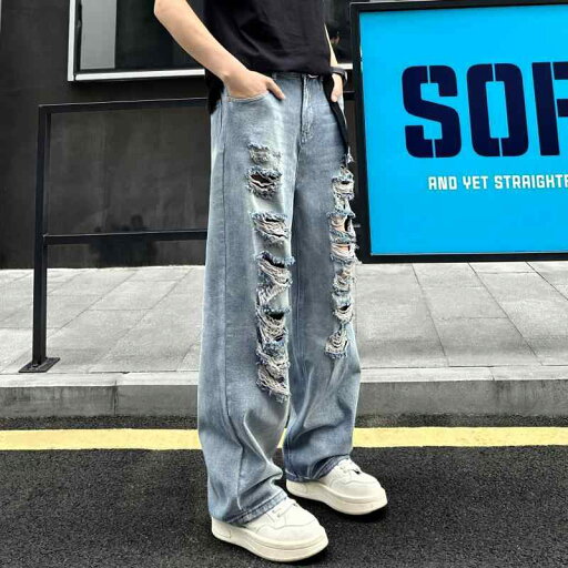 ジーンズ メンズ 春夏 ダメージ加工 裾フリンジ アメカジ すっきりとしたシルエット 都会的なスタイル トレンド 着回し 標準的な股上 ゆったりとしたストレートシルエット コットン ポリエステル 再生繊維 通気性 伸縮性のない ブルー系 ジーンズ メンズ 春夏 ダメージ加工 裾フリンジ アメカジ すっきりとしたシルエット 都会的なスタイル トレンド 着回し 標準的な股上 ゆったりとしたストレートシルエット コットン ポリエステル 再生繊維 通気性 伸縮性のない ブルー系