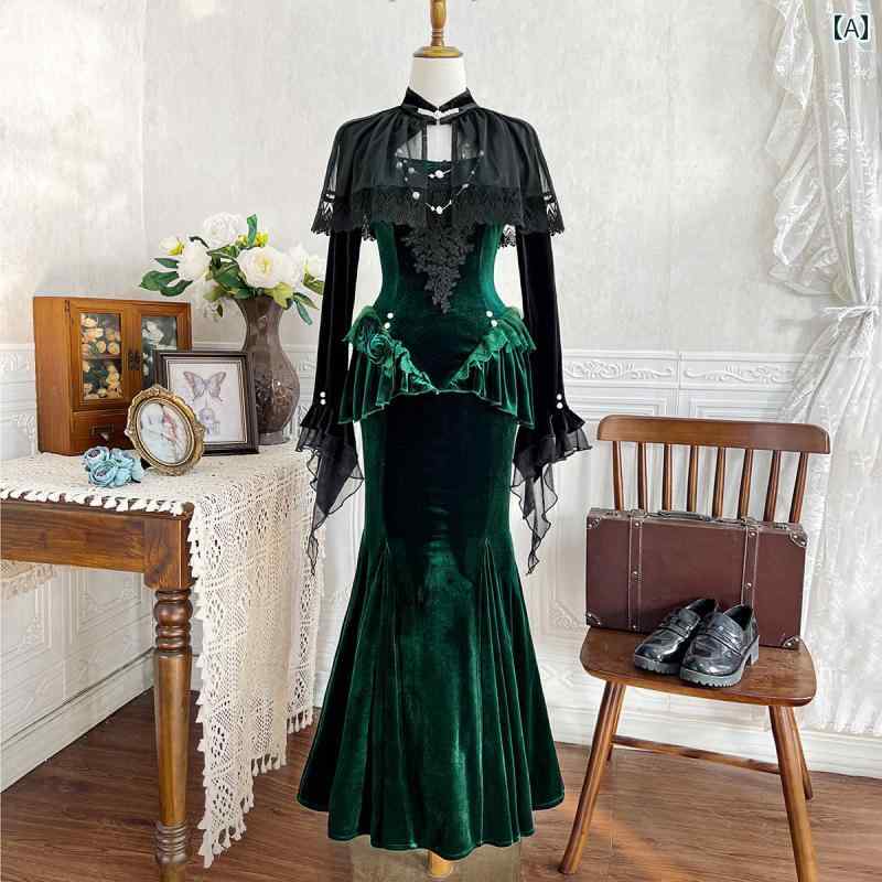 コスプレ 衣装 ロリータ レディース コスチューム パーティー 写真撮影 ダーク フォレスト ロリータ フィッシュテール スカート デイリー 肩ひも ドレス セット スモール ドレス