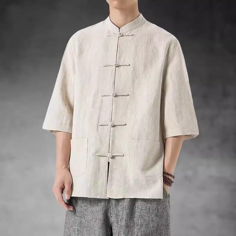 チャイナシャツ メンズ 男性 父親 シニア 中高年向け 綿麻 麻 薄手 半袖 セットアップ 上下セット 中国風 立襟 ボタン留め 無地 春夏 トップス 部屋着