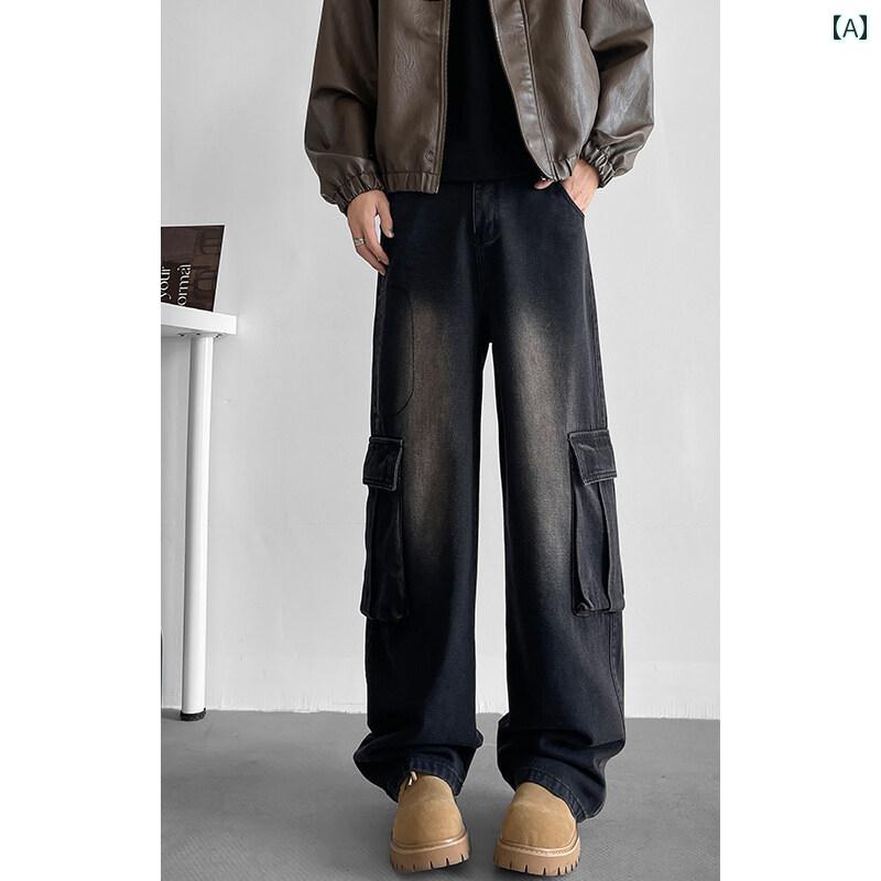 デニム メンズ ワークパンツ ウォッシュ加工 ゆったり ストレート ロングパンツ 長ズボン カジュアル 普段使い ストリートファッション 綿混 コットン ポリエステル 再生繊維 伸縮性 ストレッチ 秋冬 ブラック 黒