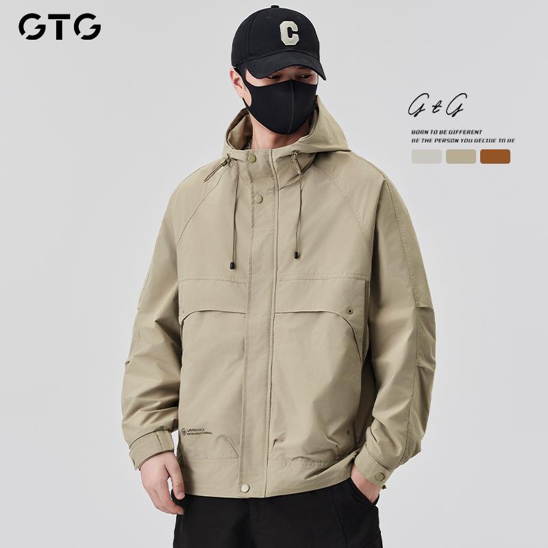 ジャケット メンズ アメリカン レトロ 作業着風 フード付き 薄手 ゆったり オーバーサイズ カジュアル アウトドア 普段使い 春夏 ポリエステル 通気性 シワになりにくい(4)