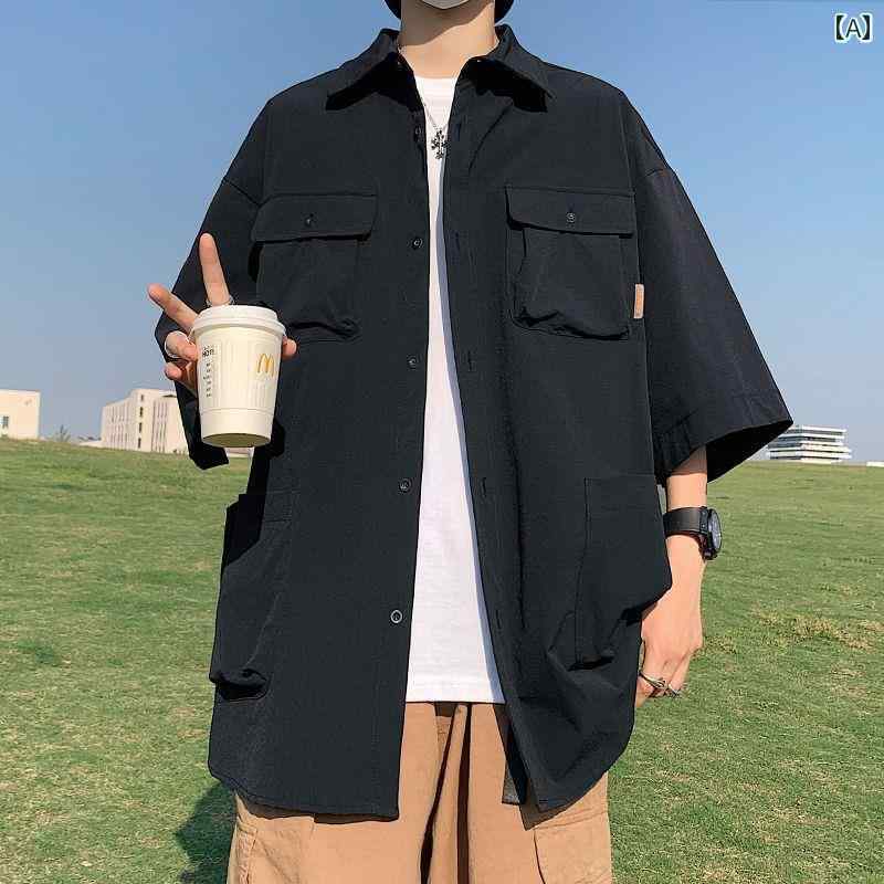 シャツ 男女兼用 アメリカンカジュアル 半袖 ビッグサイズ ゆったり 多ポケット ワークシャツ 切り替え 通気性 春夏 アイロン不要 ブラック