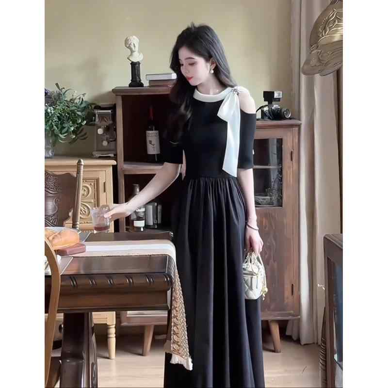 ワンピース レディース 春夏 五分袖 フレンチスタイル ウエストマーク 着痩せ オフショルダー リボン ..