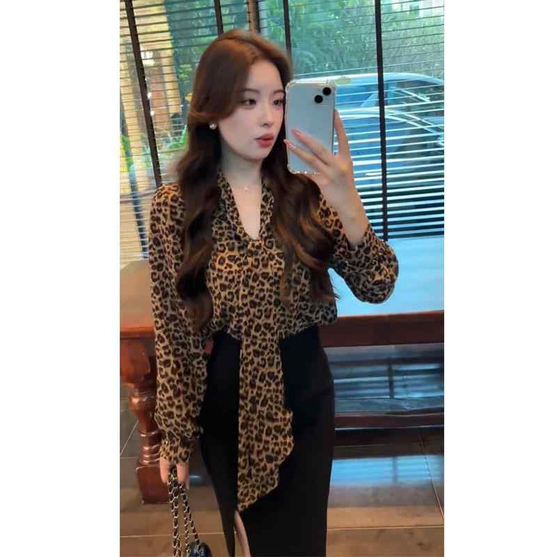 ブラウス レディース 女性用 ヒョウ柄 リボンタイ Vネック 長袖 エレガント セクシー デザイン 高級感 ..