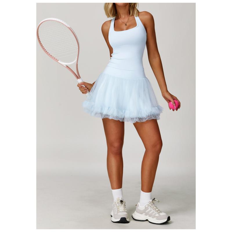テニスウェア レディース スコート Aライン ハイウエスト メッシュ フレアスカート バレエ風 レーサー..