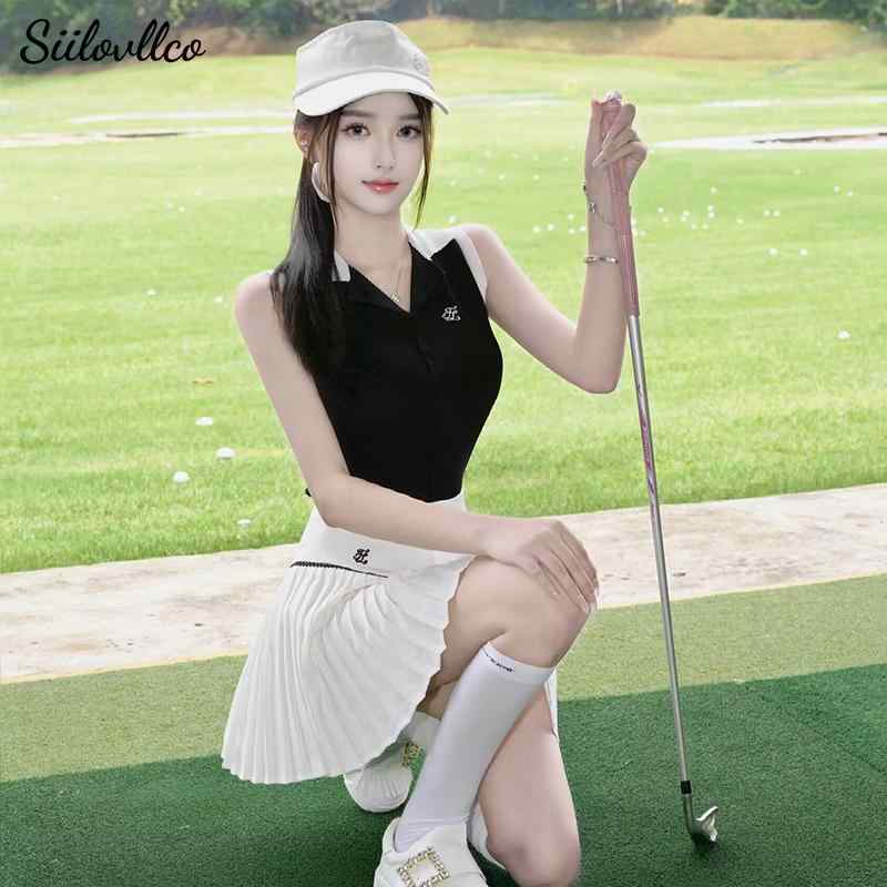ゴルフウェア レディース 韓国風 セットアップ ノースリーブ ポロシャツ プリーツ ミニスカート テニス..
