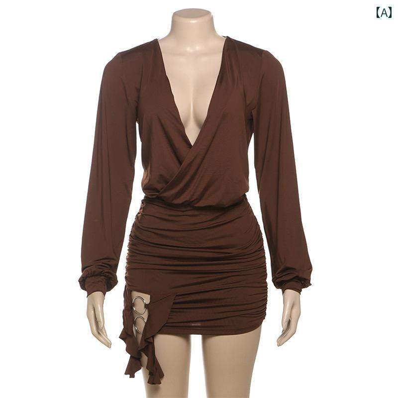 レディース ドレス 華やか パーティー 魅惑 揺れる 襟 長袖 日焼け防止 夏 ゆったり 短い スカート 背中が 大きく 開 い ウエスト ヒップ スカート