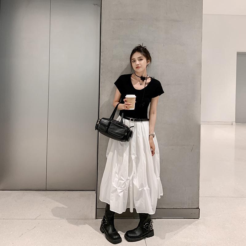 スカート レディース Aライン フレアスカート ミディ丈 ランダムプリーツ ふんわり ボリューム 体型カバー 着痩せ効果 ハイウエスト 通勤 韓国風 裏地付き 春夏 ホワイト 無地