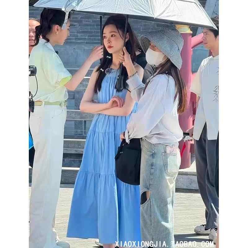 ワンピース レディース 春夏 フランス風 ホルターネック ノースリーブ ベスト ロング丈 Aライン ゆったり 着痩せ エレガント 柔らかな着心地 リゾート ビーチ ブルー 無地