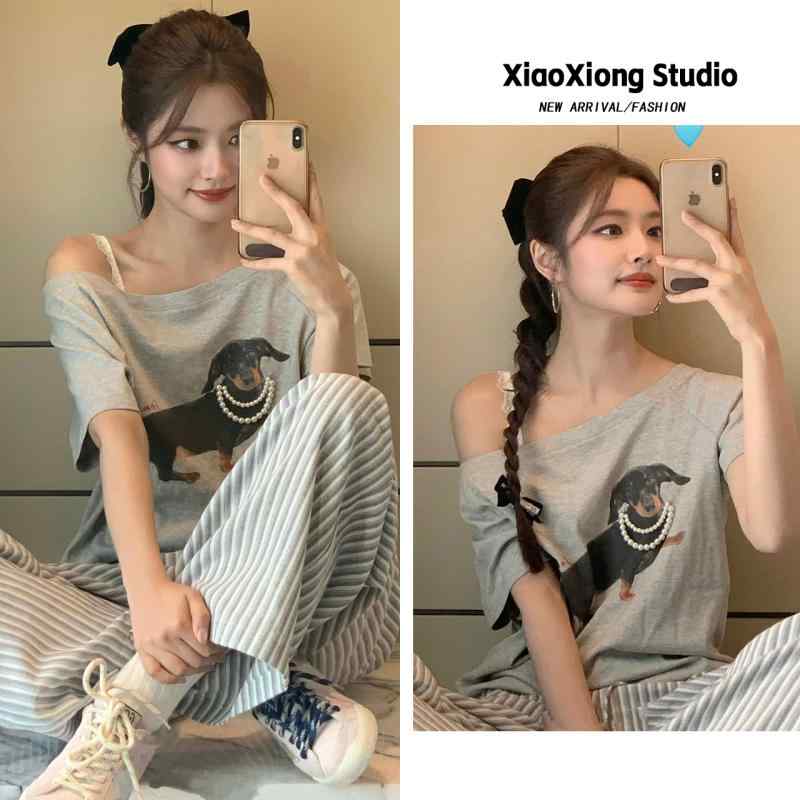 Tシャツ レディース ゆったり ルーズシルエット オフショルダー ダックスフンド パール プリント デザ..