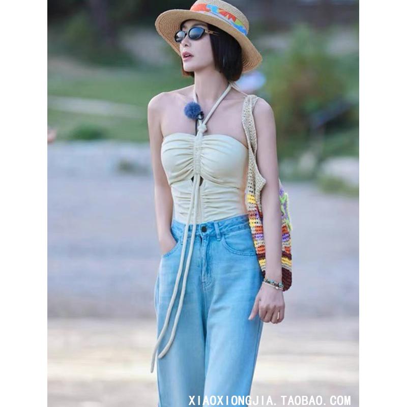 キャミソール レディース ホルターネック ストラップ ギャザー スリムフィット クロップド丈 無地 ベージュ リゾートスタイル 普段使い おしゃれ セクシー 夏 トップス