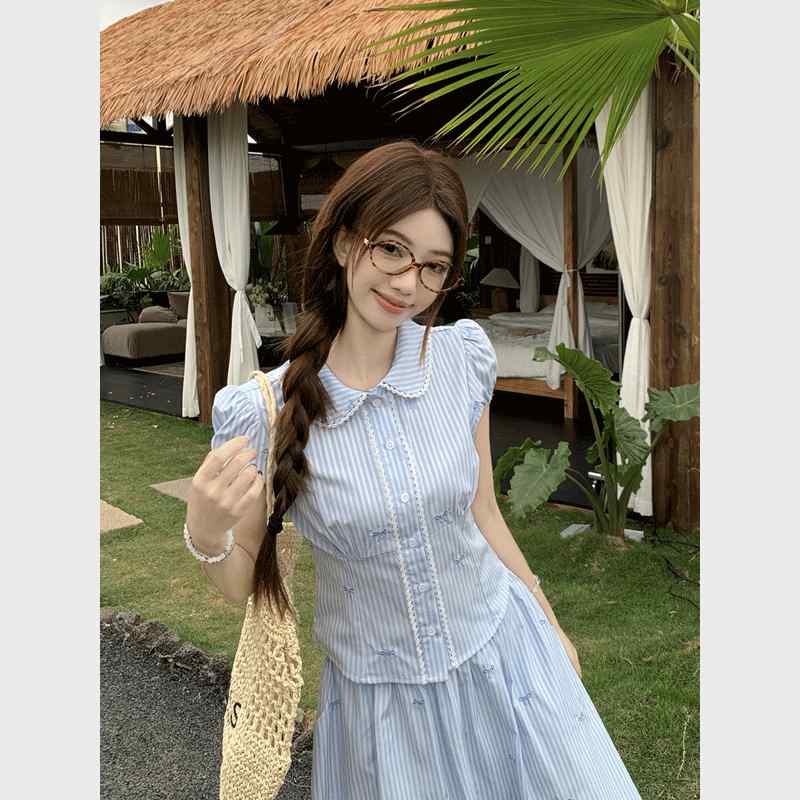 楽天おうち健康生活シャツ レディース フレンチスタイル ドールカラー パフスリーブ ストライプ柄 ショート丈 フェミニン デザイン性 細見え ゆったり 春夏