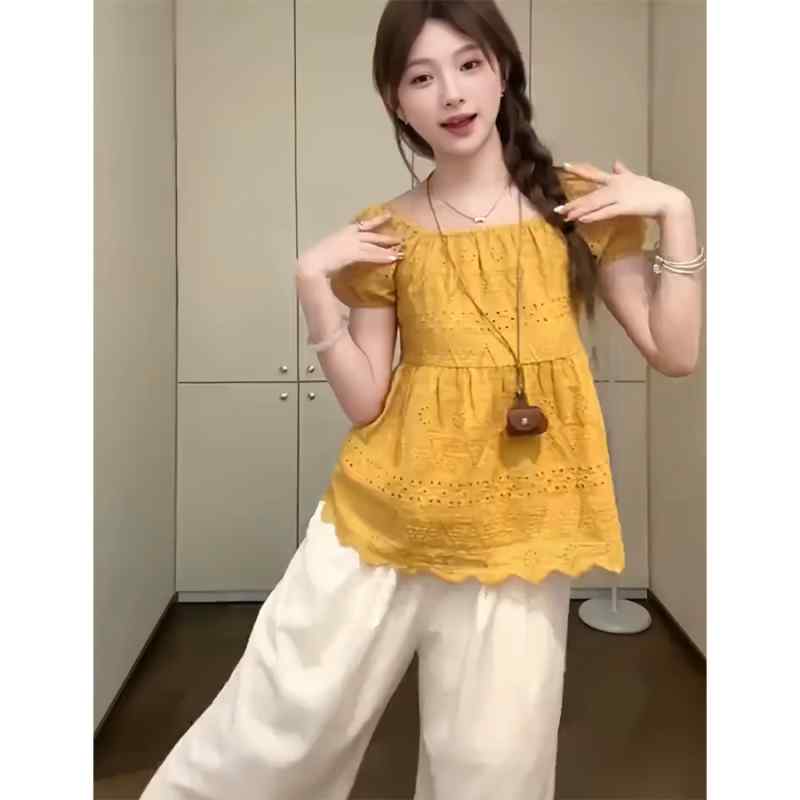 ブラウス レディース 大きいサイズ ゆったり 夏物 フレンチスタイル 高級感 ジャカード織り スクエアネック パフスリーブ ボリューム袖 チュニック ドールブラウス デザイン 通勤 イエロー 黄色