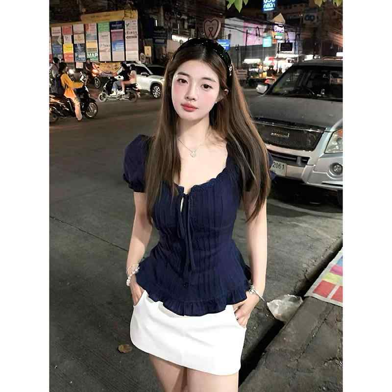 ブラウス レディース 大きいサイズ 春夏 フレンチ 韓国風 レトロ レース フリル パフスリーブ 半袖 リボン デザイン 体型カバー 通勤 オフィス 普段使い ネイビー