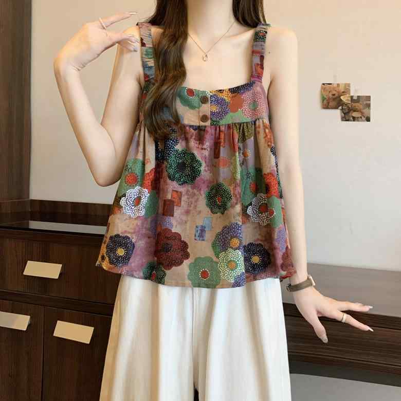 タンクトップ レディース 大きいサイズ ゆったり 綿麻 小花柄 レトロ 油絵風プリント おしゃれ 若見え 春夏 ドーパミンカラー 一枚着