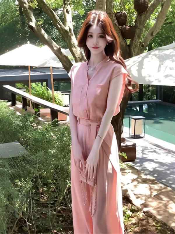 セットアップ レディース 春夏 韓国 ファッション 大人カジュアル 体型カバー 着痩せ シャツ ブラウス ワイドパンツ Vネック 半袖 ロング丈 ツーピース 通勤 オフィス 画像色