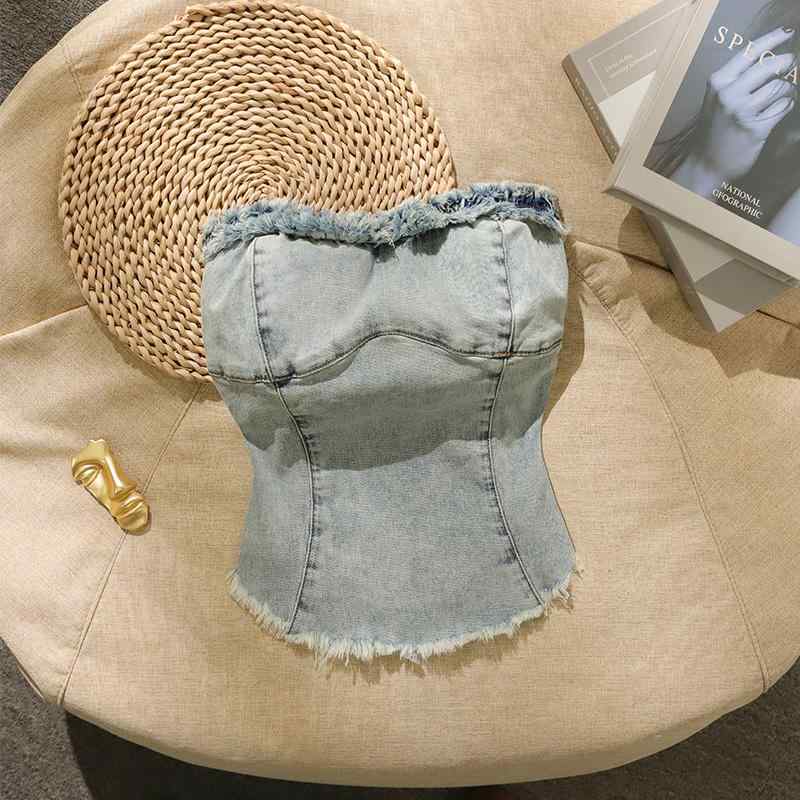 チューブトップ レディース デニム ベアトップ ストラップ アメリカンレトロ ウエストマーク ショート丈 細見え セクシー 甘辛ミックス 夏 ライトブルー