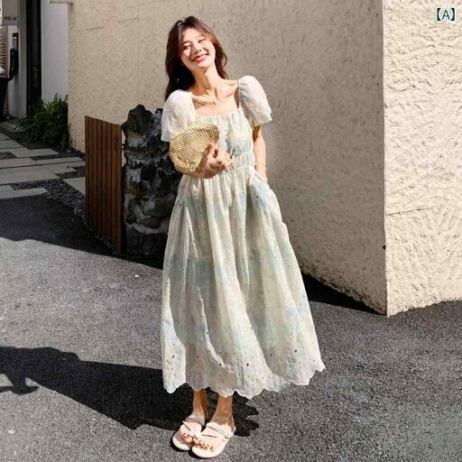 ワンピース レディース ゆったり レース 刺繍 プリント フレンチスクエア ネック パフスリーブ ロング スカート ウエスト スリム ドレス 夏 ワンピース レディース ゆったり レース 刺繍 プリント フレンチスクエア ネック パフスリーブ ロング スカート ウエスト スリム ドレス 夏