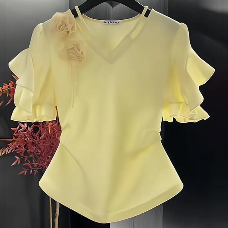 Tシャツ レディース フレンチスタイル デザイン性 立体フラワー 切り替え Vネック パフスリーブ 半袖 接触冷感 スリムフィット 通勤 春夏 トップス