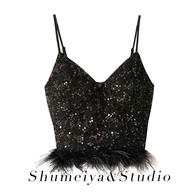 キャミソール レディース セクシー ファー フェザー スパンコール きらきら ショート丈 タイト 欧米風 ..