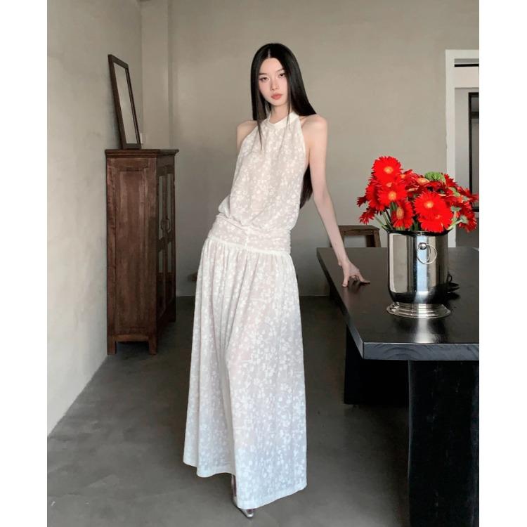 ワンピース レディース ホルターネック オープンバック ウエストマーク レース ジャカード Aライン マ..